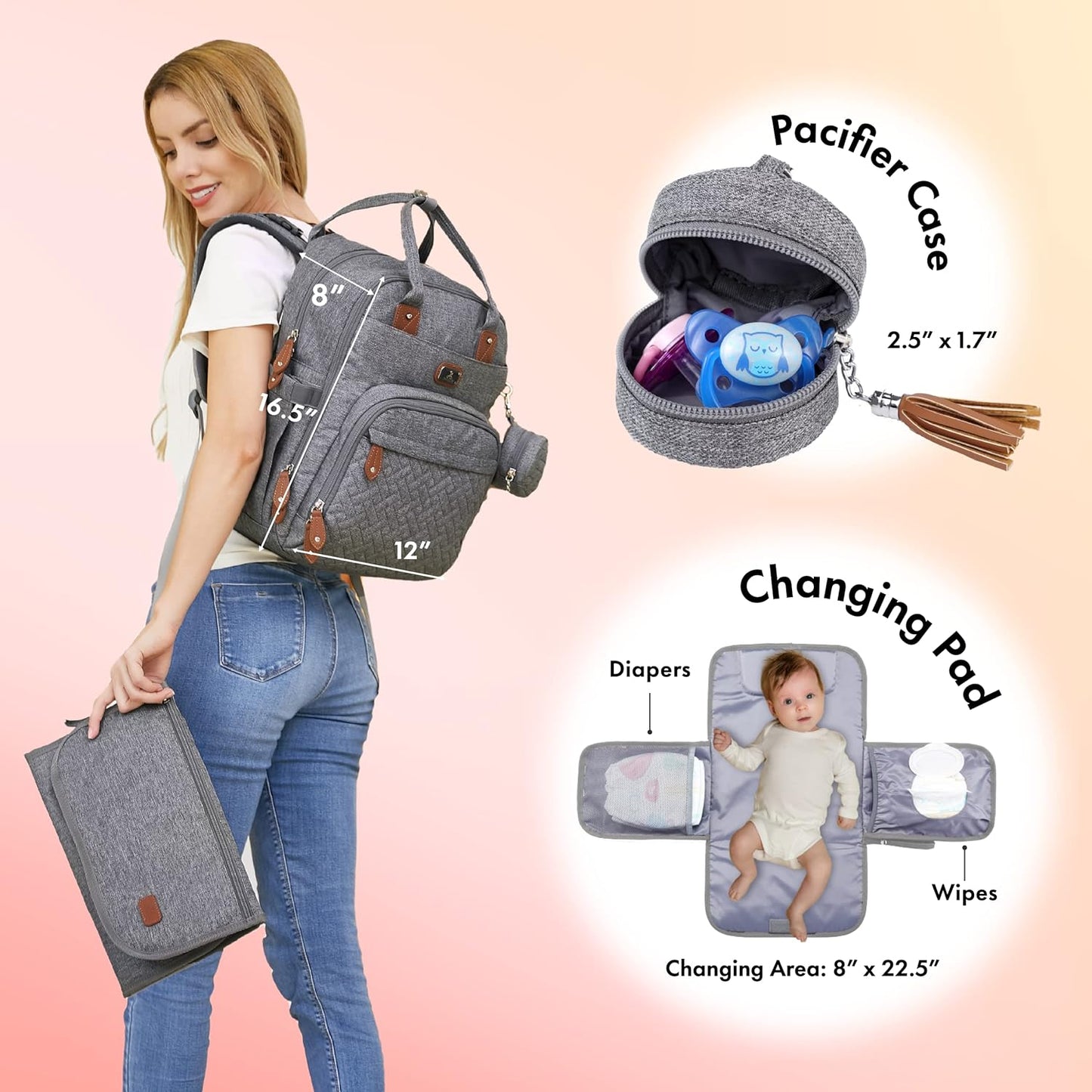 Diaper Bag Backpack with Portable Changing Pad, Pacifier Case and Stroller Straps, Large Unisex Baby Bags for Boys Girls, Multipurpose Travel Back Pack Moms Dads, Gray