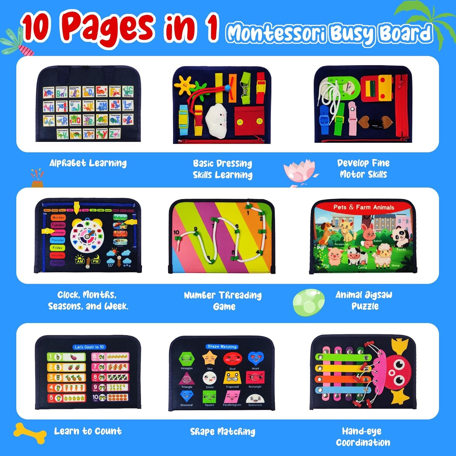 Busy Board - Montessori Toys for 3+ Year Old - Sensory Toys for Toddlers 3-5 - Gifts for Boys Learning Fine Motor Skills - Educational Activities Travel Toys for Car Airplane