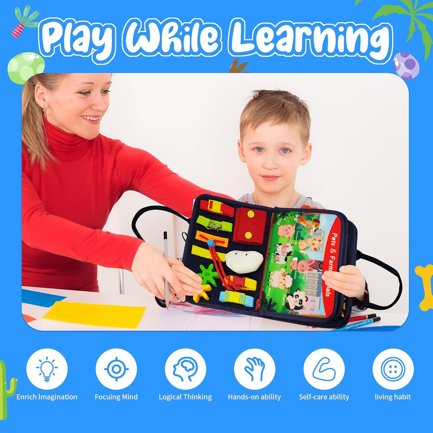 Busy Board - Montessori Toys for 3+ Year Old - Sensory Toys for Toddlers 3-5 - Gifts for Boys Learning Fine Motor Skills - Educational Activities Travel Toys for Car Airplane