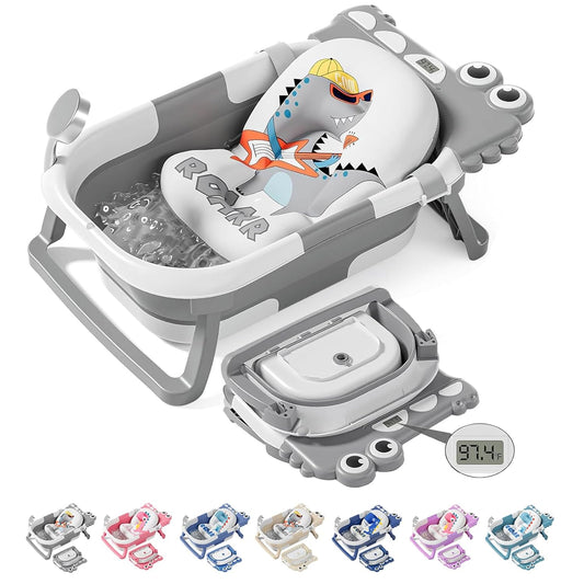 Collapsible Baby Bathtub, Baby Bath Tub with Soft Cushion & Real-Time Thermometer, Baby Bathtub Infant to Toddler Tub (0-36 Months), Portable Newborn Travel Bath Tub