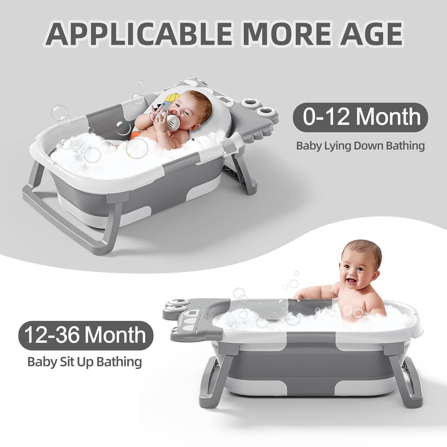 Collapsible Baby Bathtub, Baby Bath Tub with Soft Cushion & Real-Time Thermometer, Baby Bathtub Infant to Toddler Tub (0-36 Months), Portable Newborn Travel Bath Tub