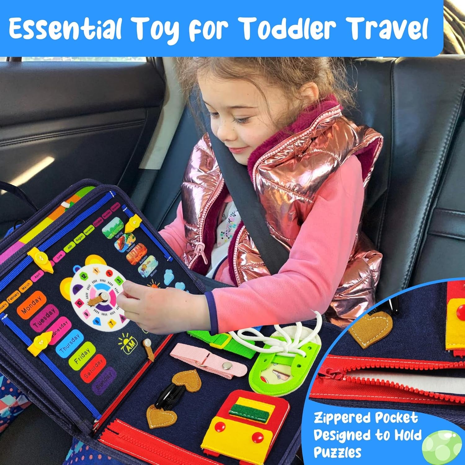 Busy Board - Montessori Toys for 3+ Year Old - Sensory Toys for Toddlers 3-5 - Gifts for Boys Learning Fine Motor Skills - Educational Activities Travel Toys for Car Airplane